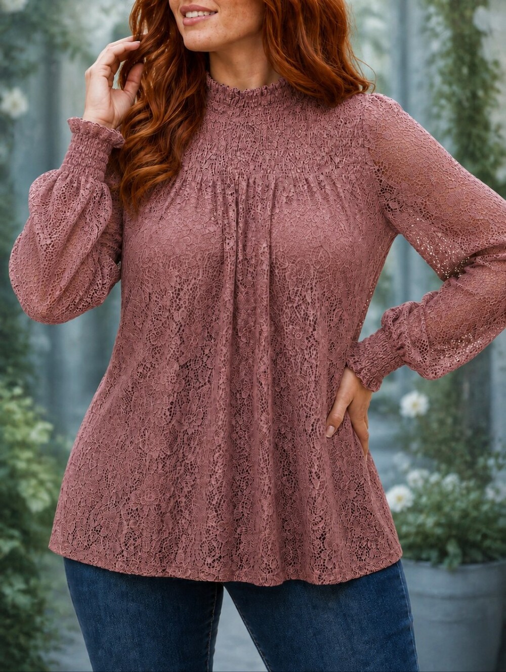 ✨Floral Lace Long Sleeve  Smocked Turtle-Neck Romantic Boho Dusty Rose Blouse